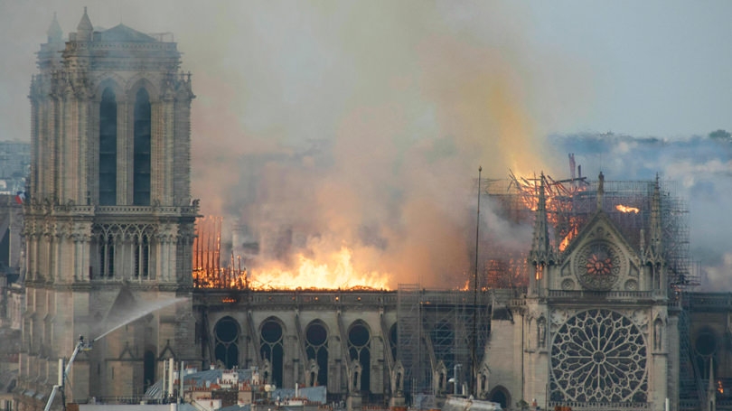 Flames rise from Notre Dame cathedral as it burns on Monday, April 15.